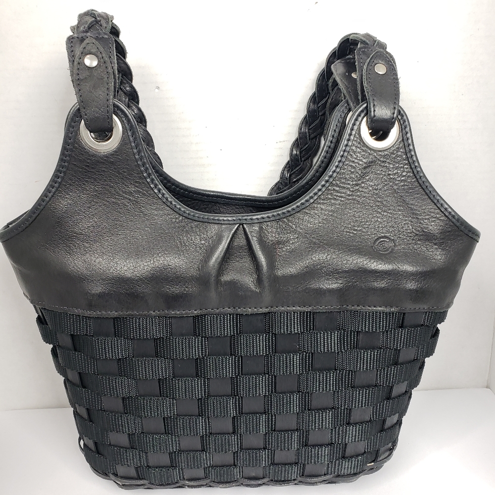 Longaberger Signed Black Leather Woven Basket Tote